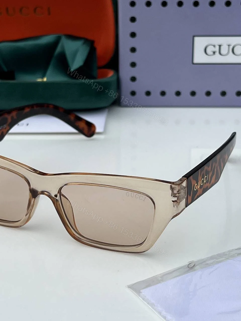 View 5 of First Copy Gucci Rectangular Sunglasses Beige Transparent Frame Brown Lens
