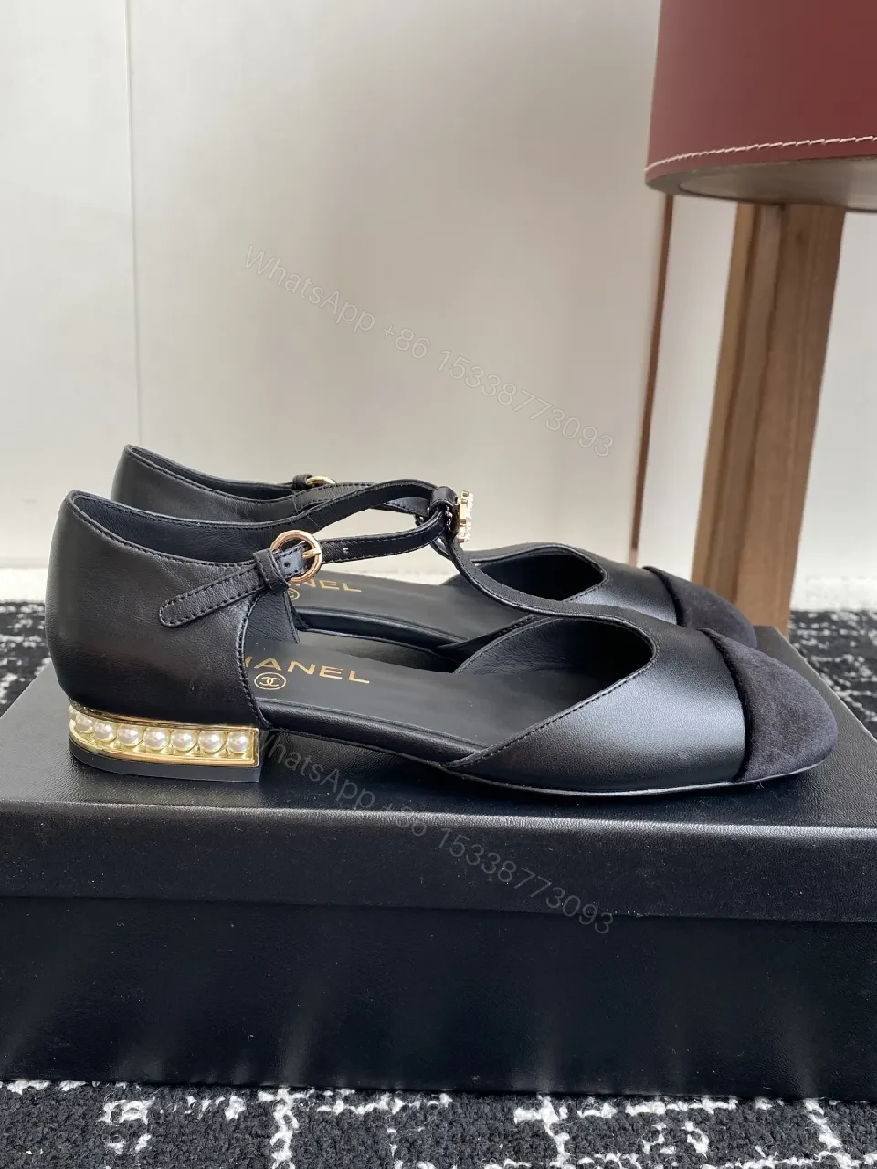 View 8 of Black Satin & Suede Slingback Heels with Gold Hardware