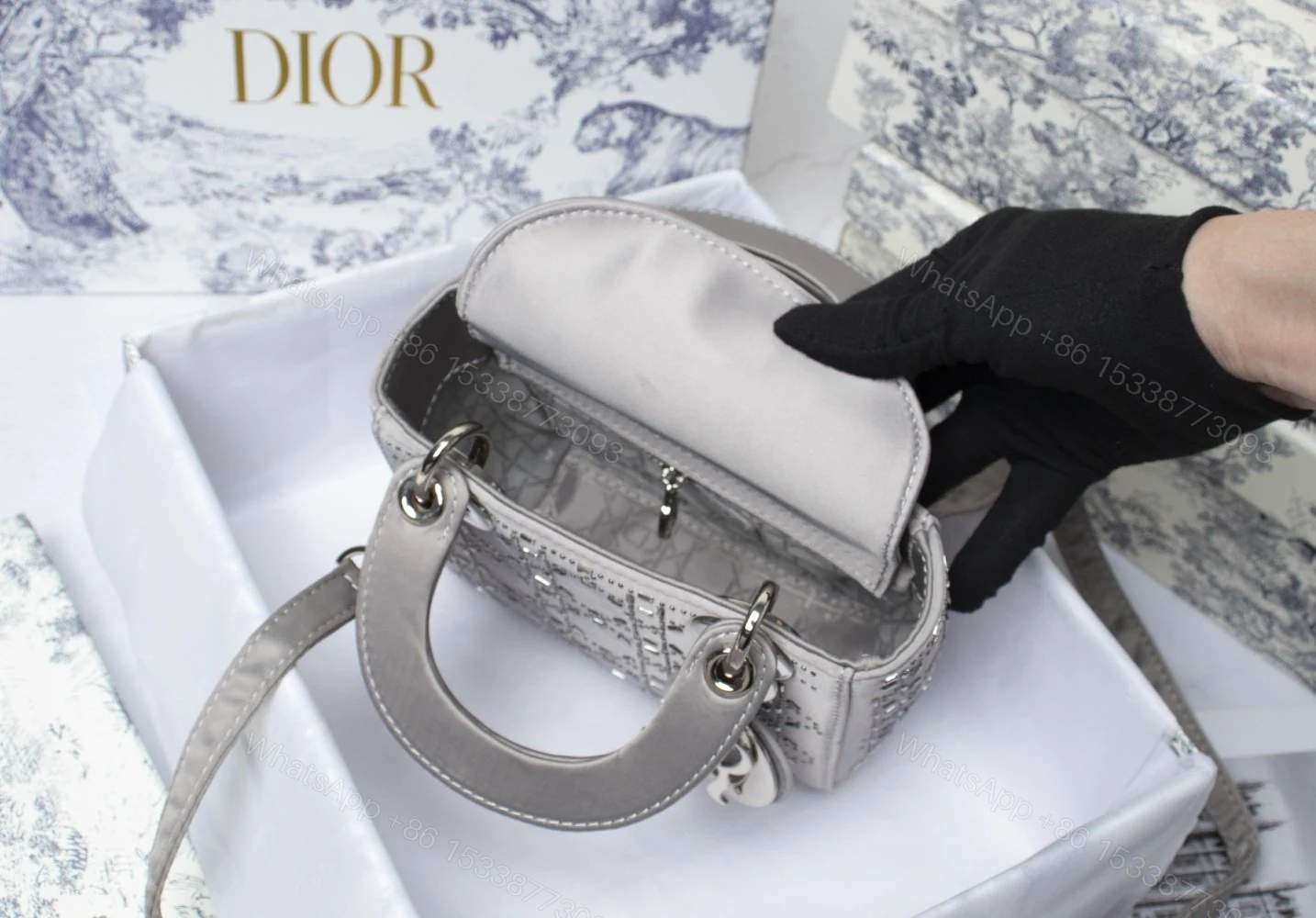View 7 of Lady Dior Embellished Cannage Satin Mini