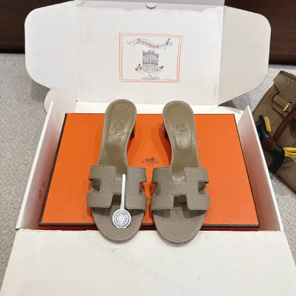View 2 of Grey Leather Hermès-Style Sandals, H-Logo, Open-Toe Slides