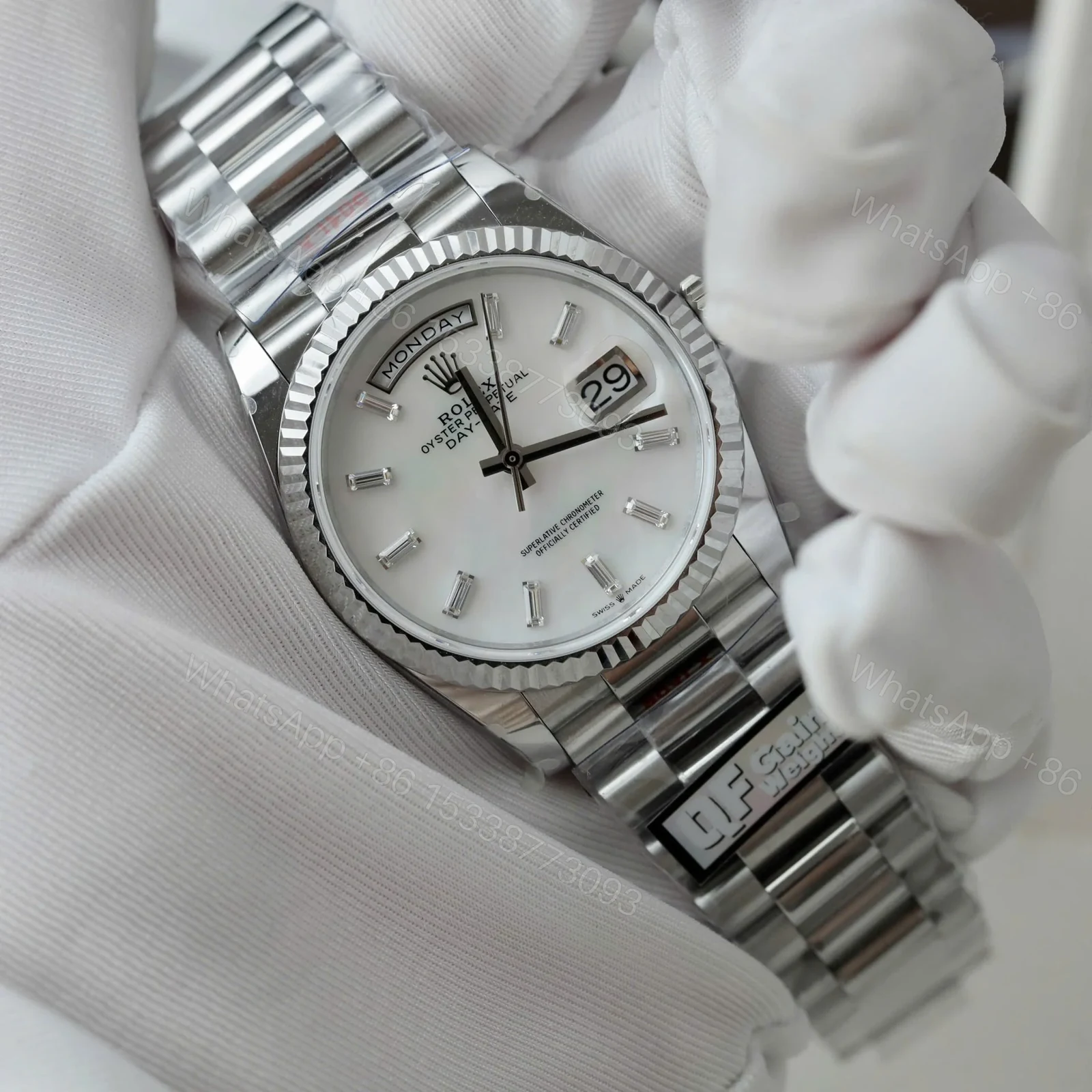 View 3 of Superclone Rolex Day-Date White Mother-of-Pearl Diamond Dial 128236-0021 36 mm