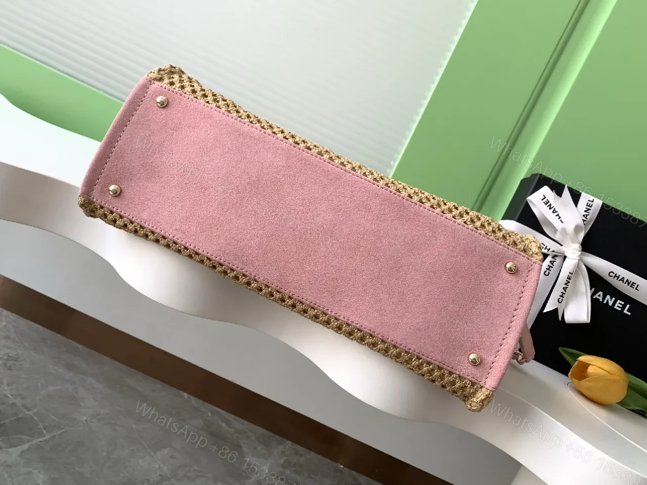 View 6 of Pink Straw Tote with Leather Trim, Structured Chanel-Inspired, High-End Carryall