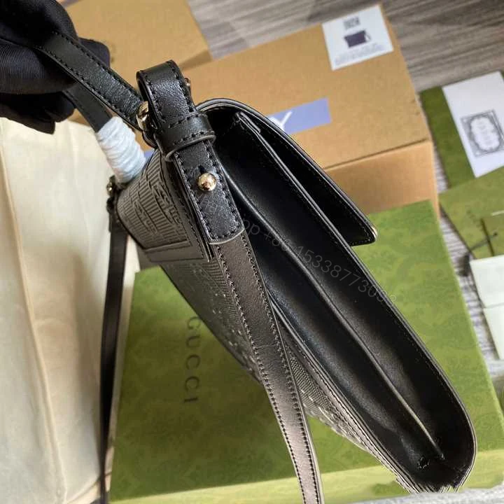 View 3 of GG EMBOSSED MESSENGER BAG BLACK GG EMBOSSED LEATHER COTTON LINEN LINING – GBC07