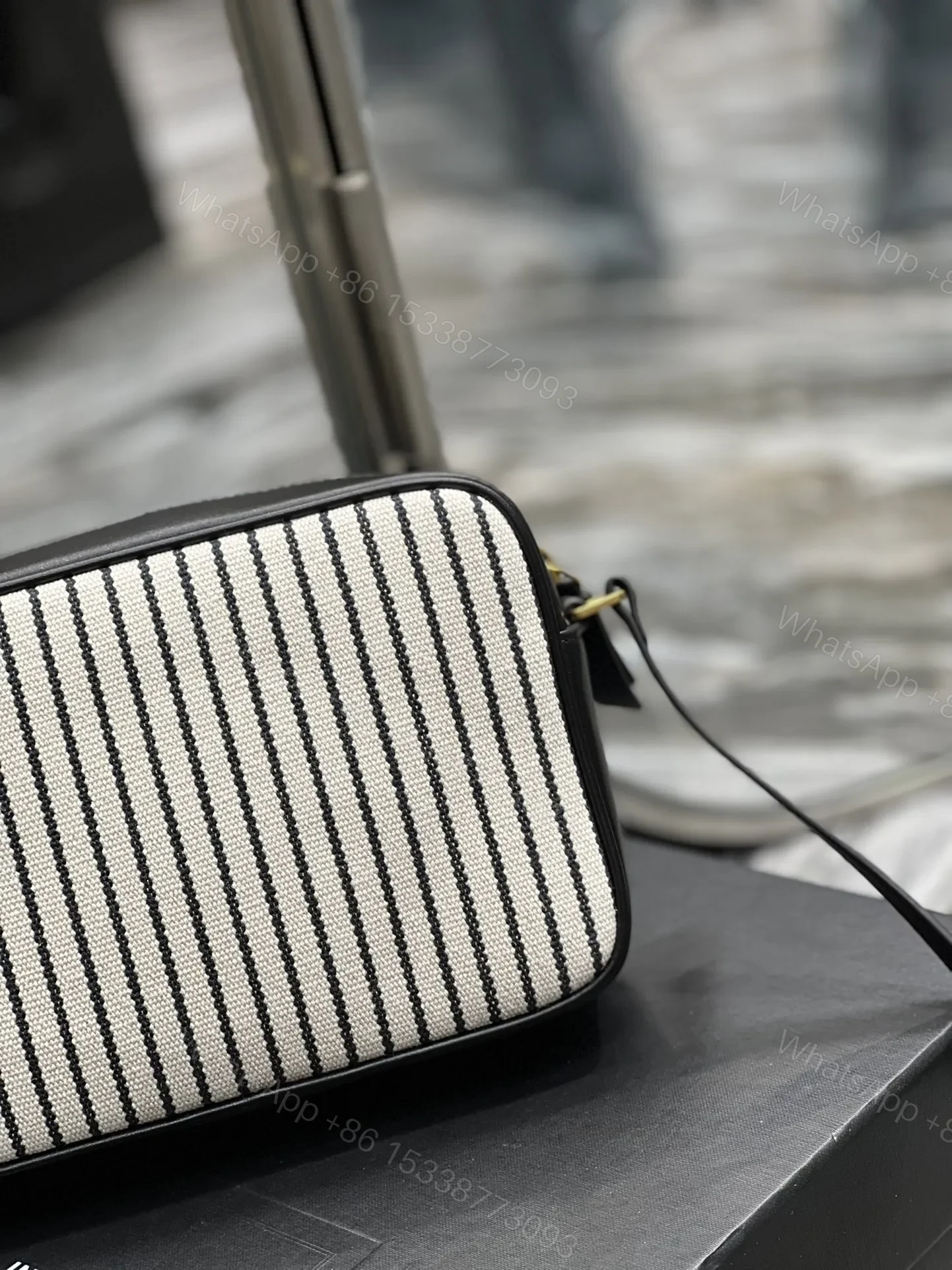 View 4 of SAINT LAURENT Lou Medium Ysl Striped Canvas Camera Crossbody Bag In Grey Cream