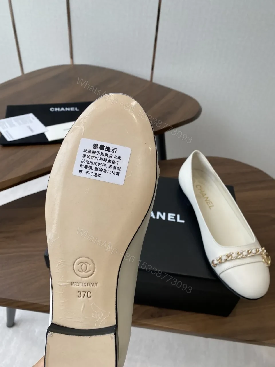 View 8 of White Leather Ballet Flats with Gold Chain Detail - Luxe Comfort