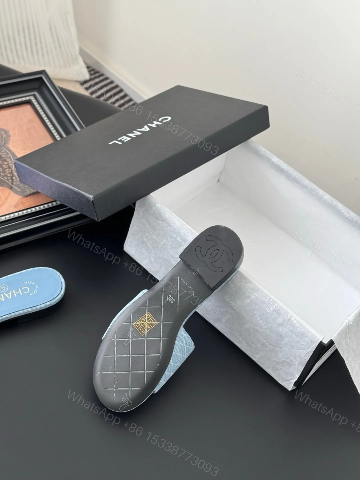 View 4 of Chanel Women Light Blue Fabric Slides