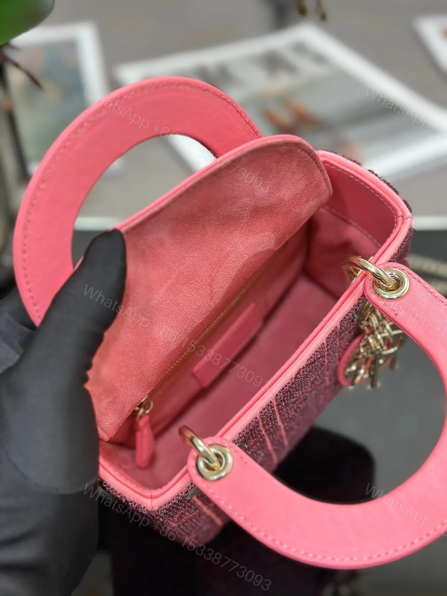 View 3 of Dior Lady Super Pink Handbag with Beads 17x15x7cm