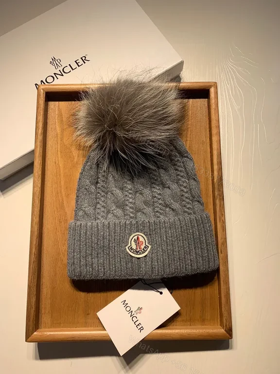 View 2 of Cozy Wool-Blend Beanie with Fur Pom â€” Moncler Style Warmth