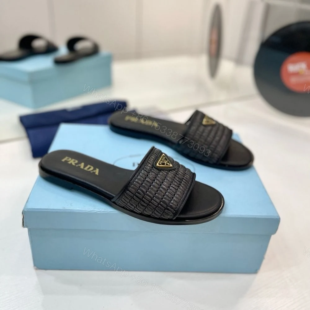 View 2 of Prada Leather Slides With Crochet Details Black