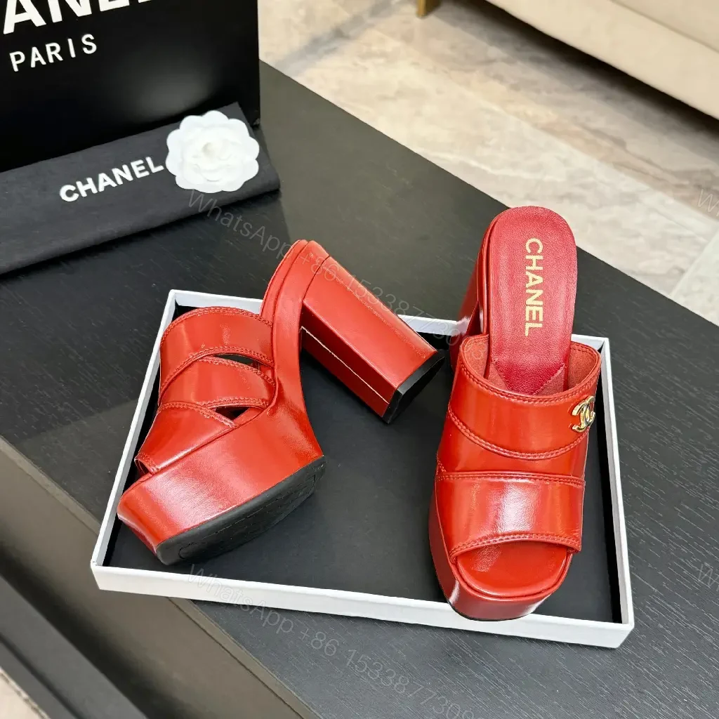 View 4 of Bold Red Platform Mules with Gold Logo Hardware
