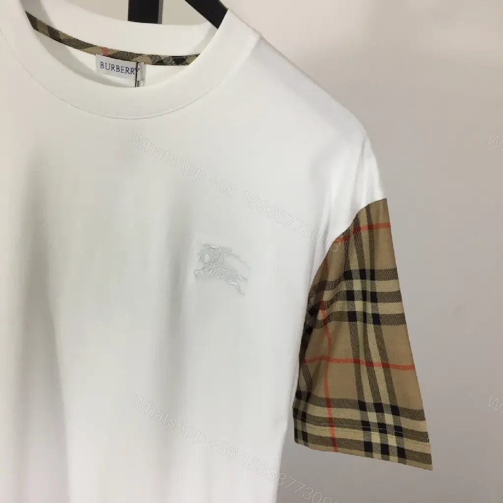 View 3 of White Tee with Burberry-Check Sleeves: Minimalist Luxury Top