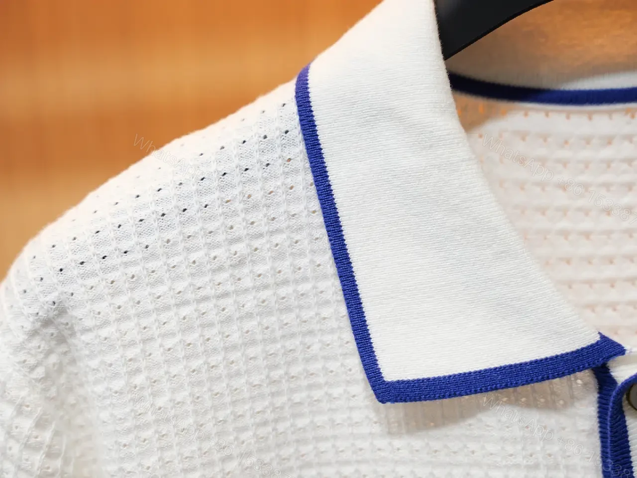 View 9 of White Polo Shirt Dress Knit with Blue Trim Subtle Louis Vuitton Label