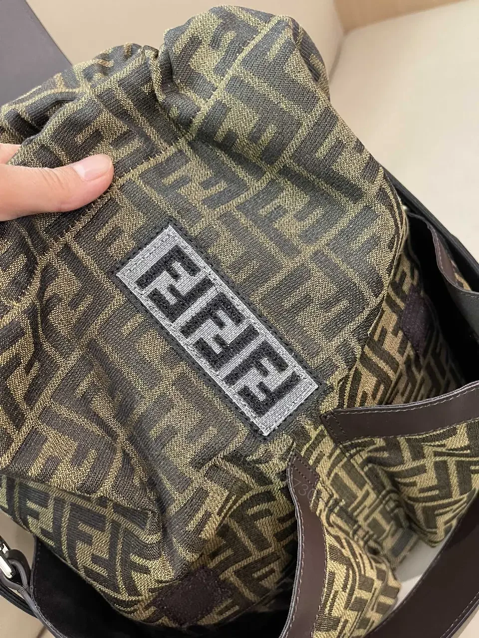 View 5 of Brown/Olive Modern Backpack with Fendi Monogram, Leather Accents, Gray Flap