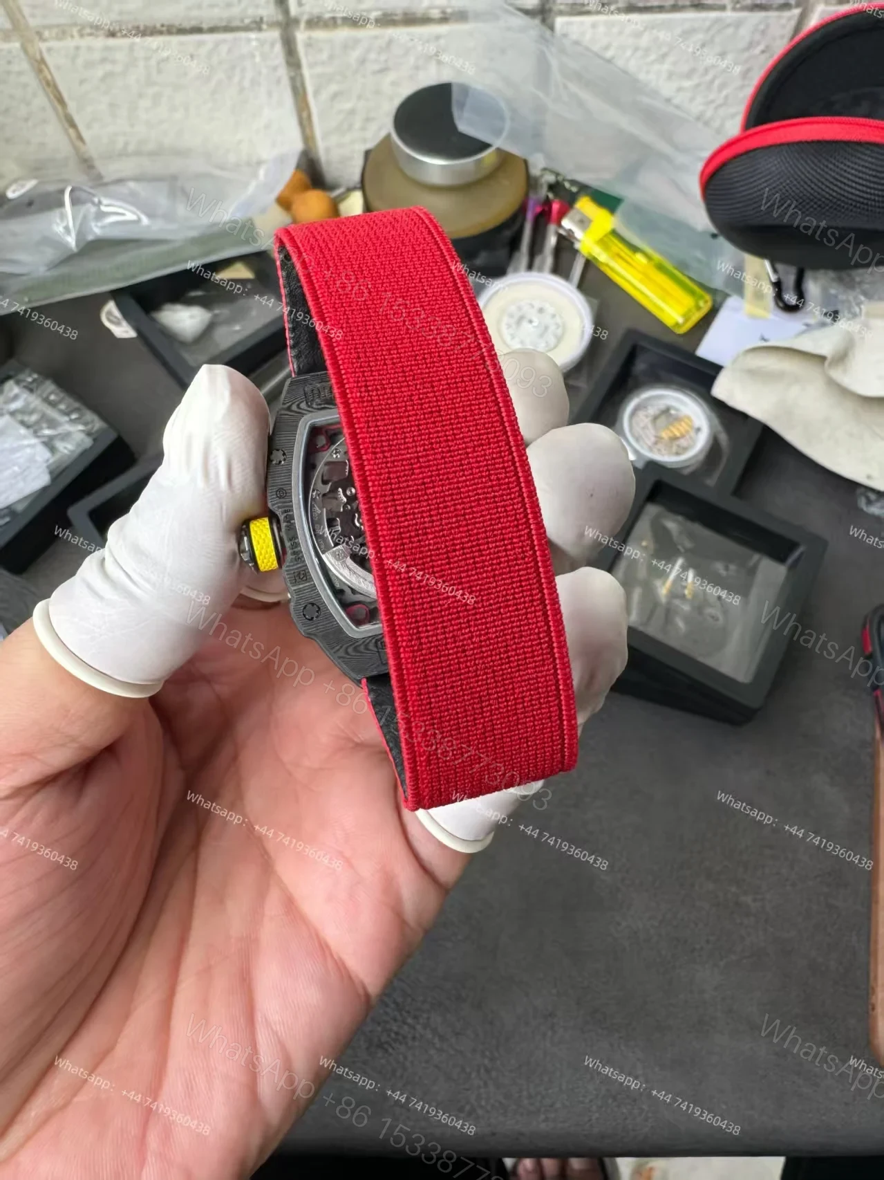 View 13 of Super Clone Richard Mille RM67-02 Carbon TPT Skeleton Tourbillon 1:1 Replica Watch with Red Strap