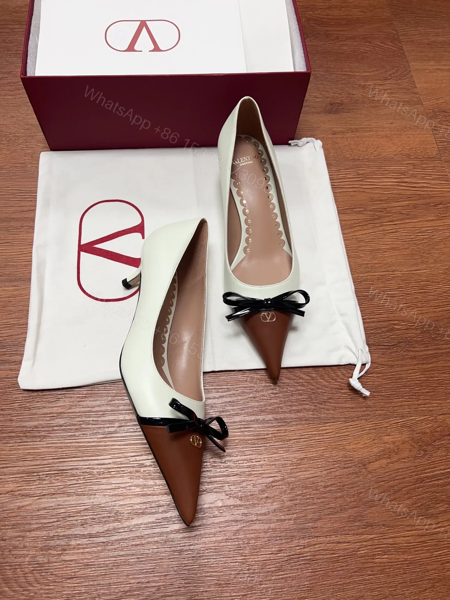 View 6 of Valentino Women Ivory Leather Brown Patent Heels