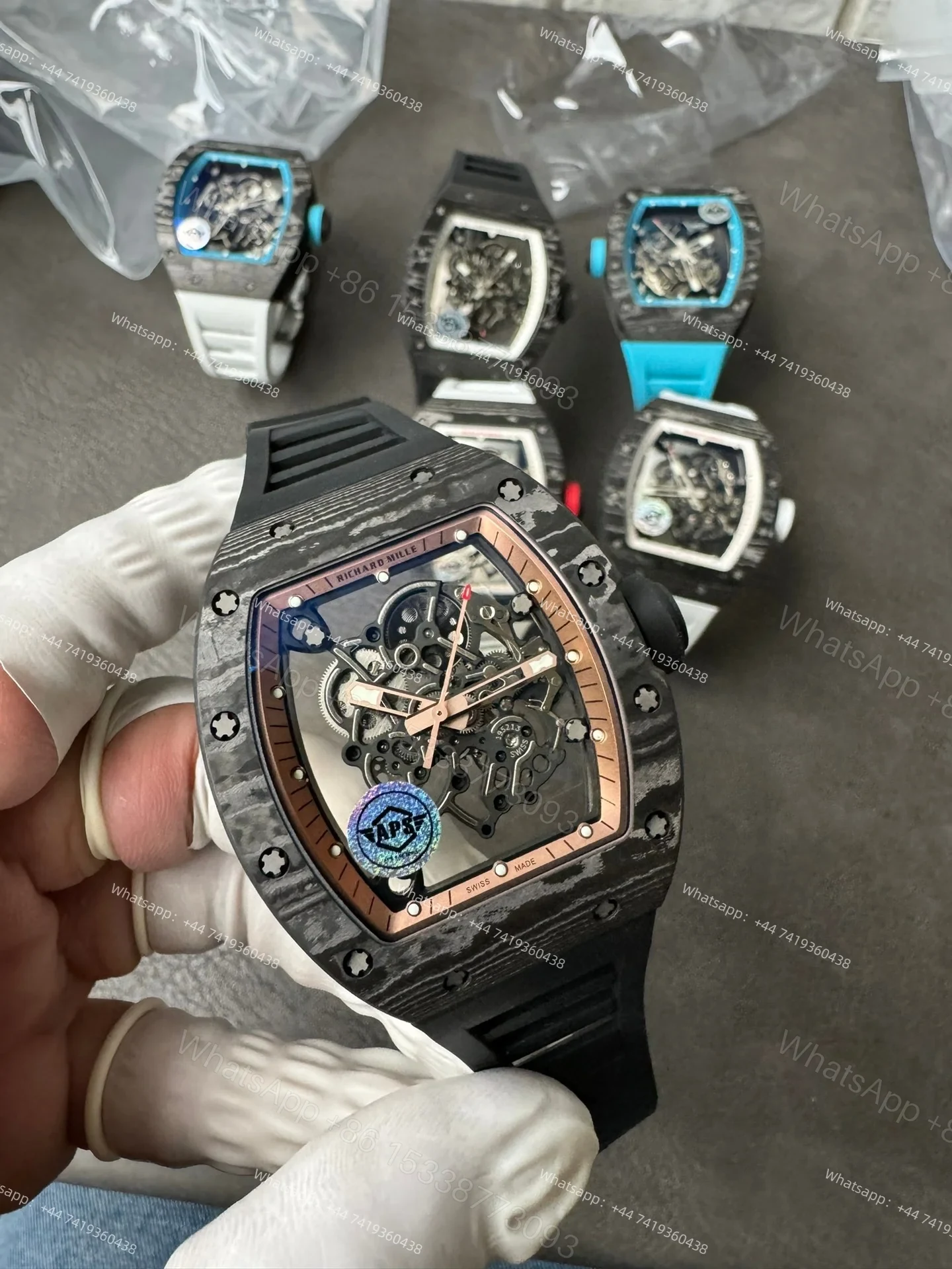View 2 of Super Clone Richard Mille RM 055 Carbon TPT Rose Gold Skeleton 1:1 Replica Watch