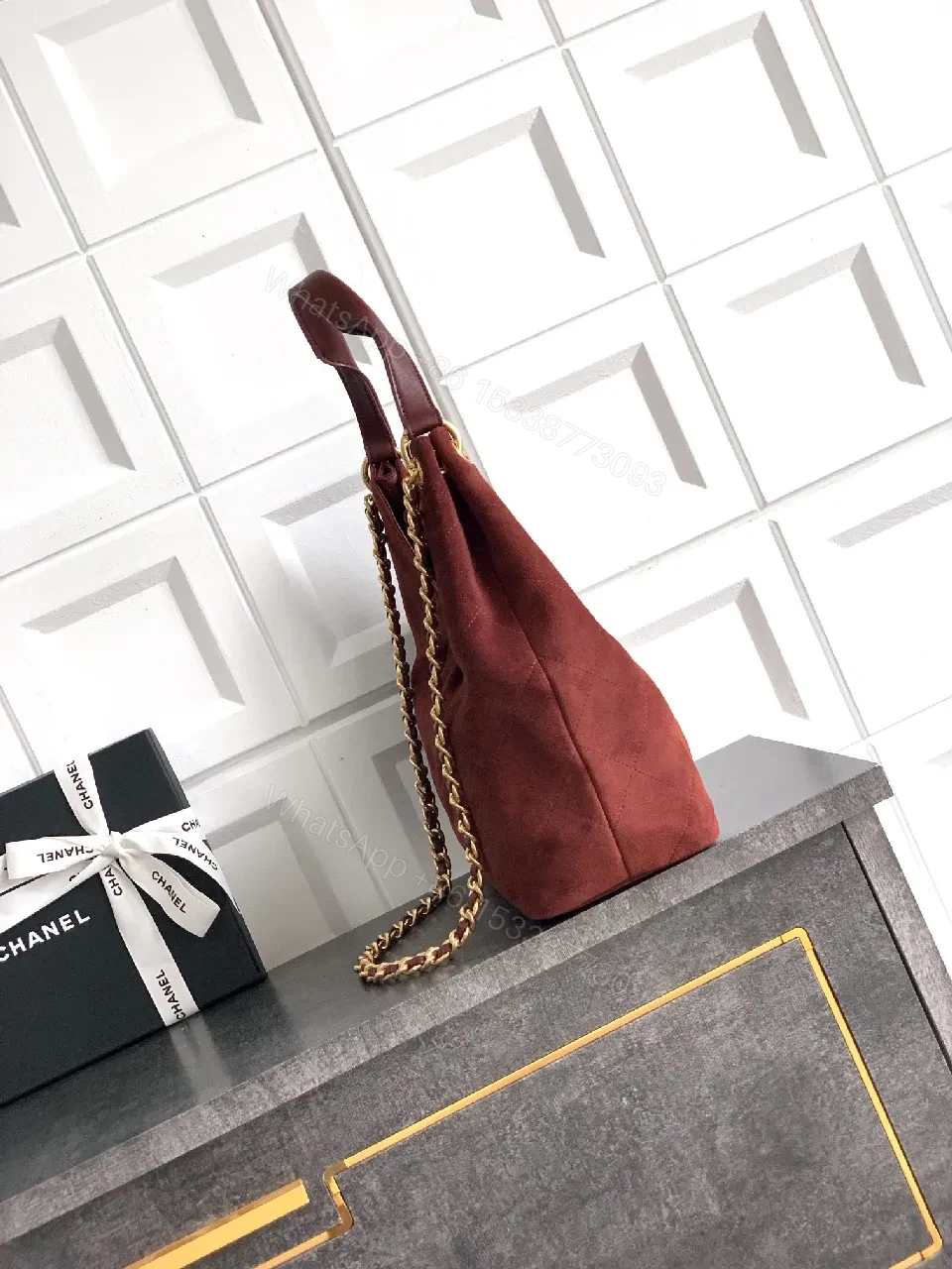 View 2 of Burgundy Suede Quilted Hobo with Gold Hardware