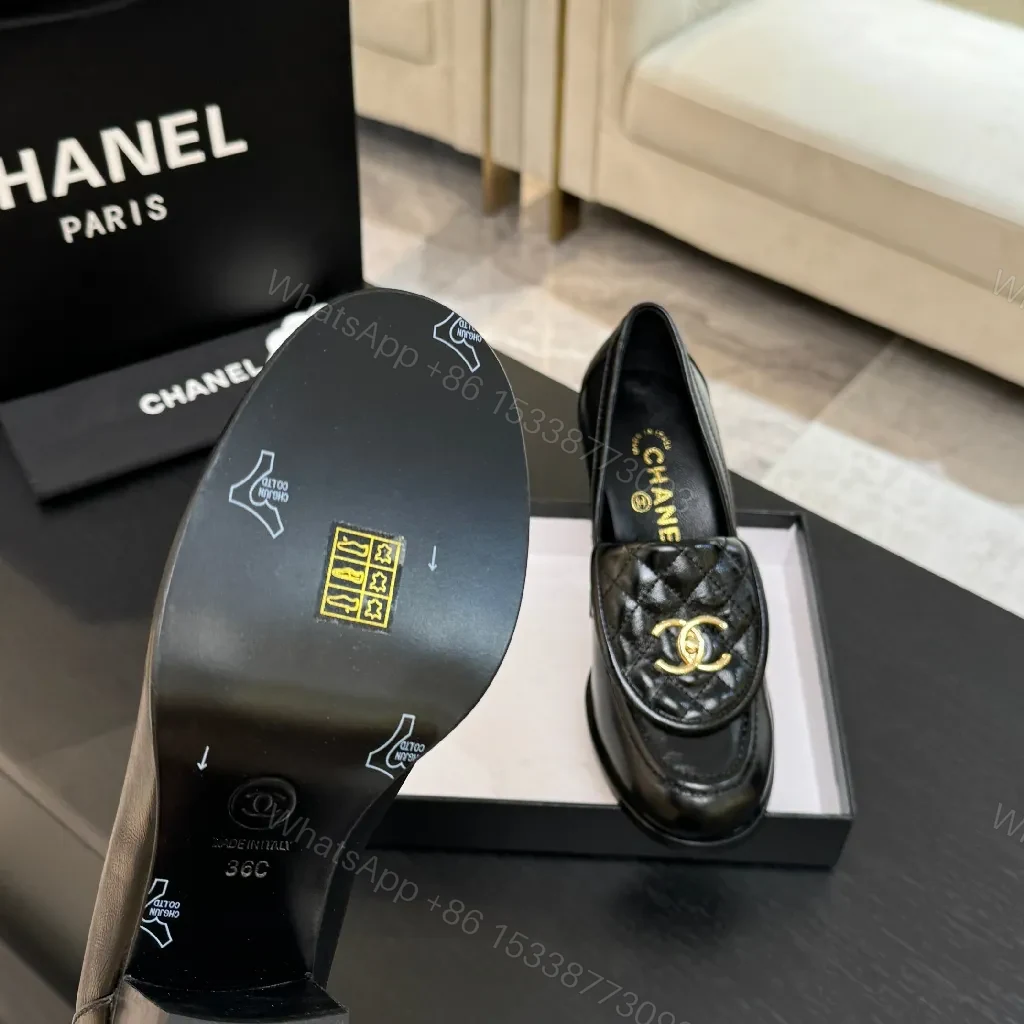 View 9 of Quilted Leather Loafers with Gold Logo, Chic Classic