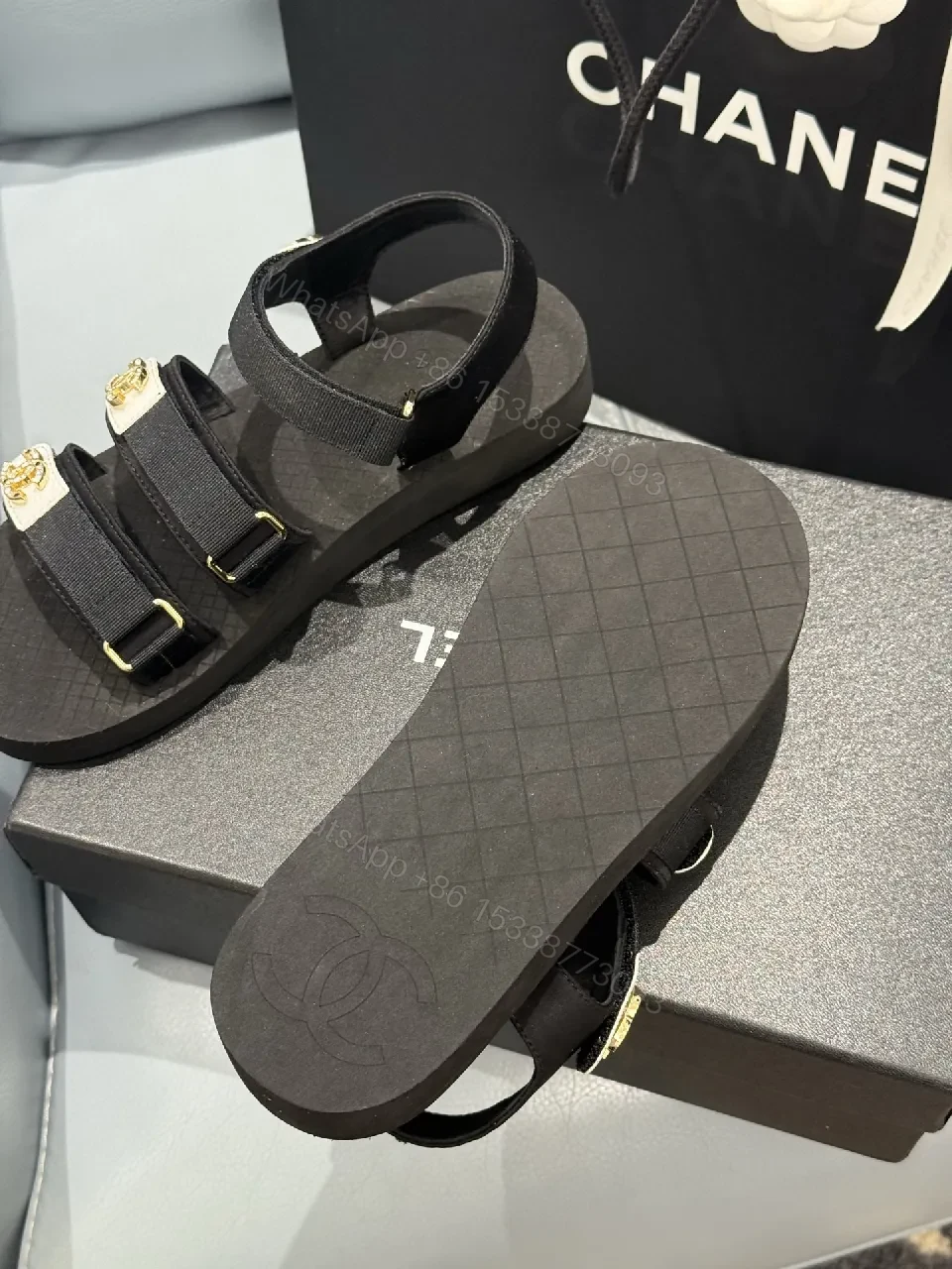 View 2 of Black Synthetic Strappy Sandals – Luxe Comfort, Gold Hardware