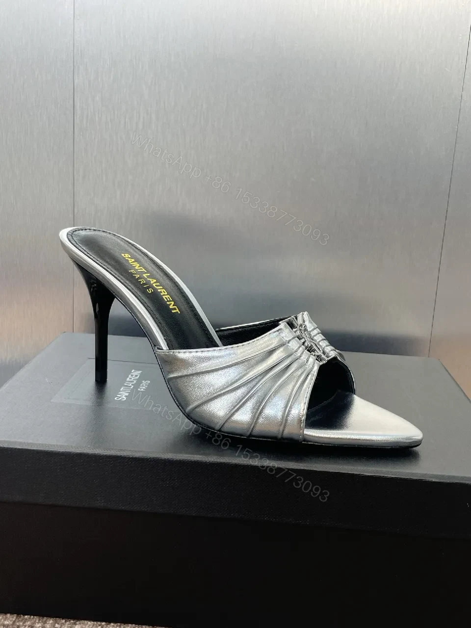 View 6 of Metallic Pointed-Toe Mule Heels with Signature Hardware Realized