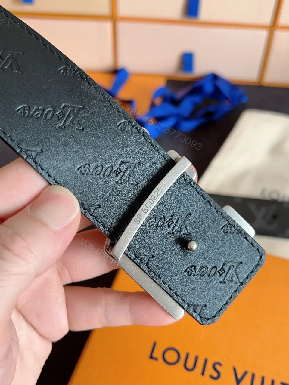 View 6 of Lux Slim LV-Pattern Belt: Monogram Leather, Silver Buckle, Modern Style