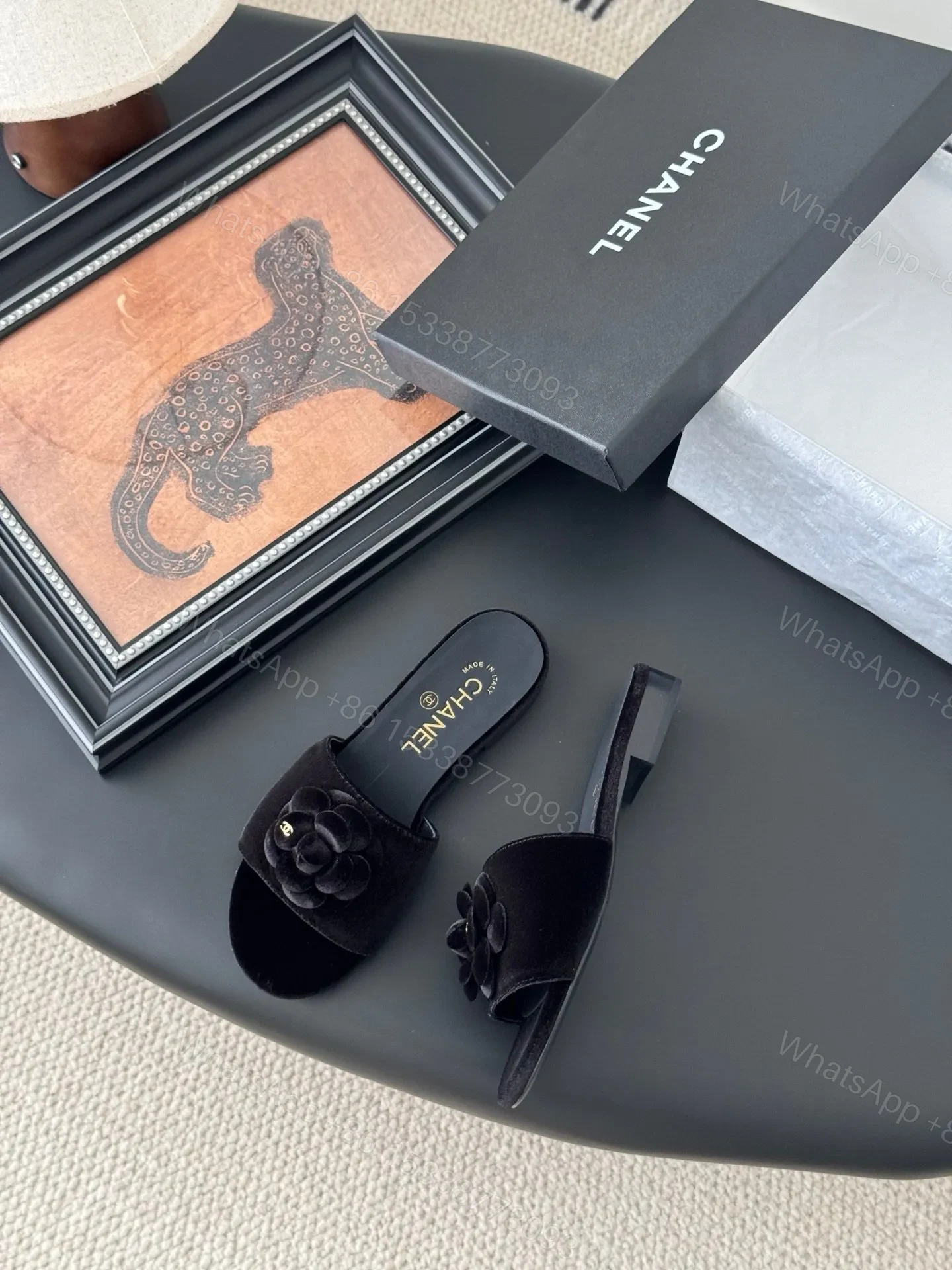 View 3 of Chanel Women Black Velvet Flower Embellished Slides