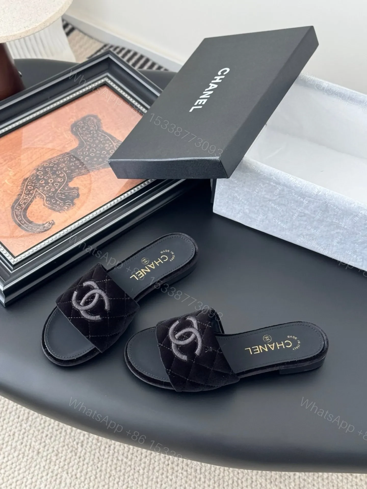 View 2 of Chanel Women Black Velvet Quilted Slides
