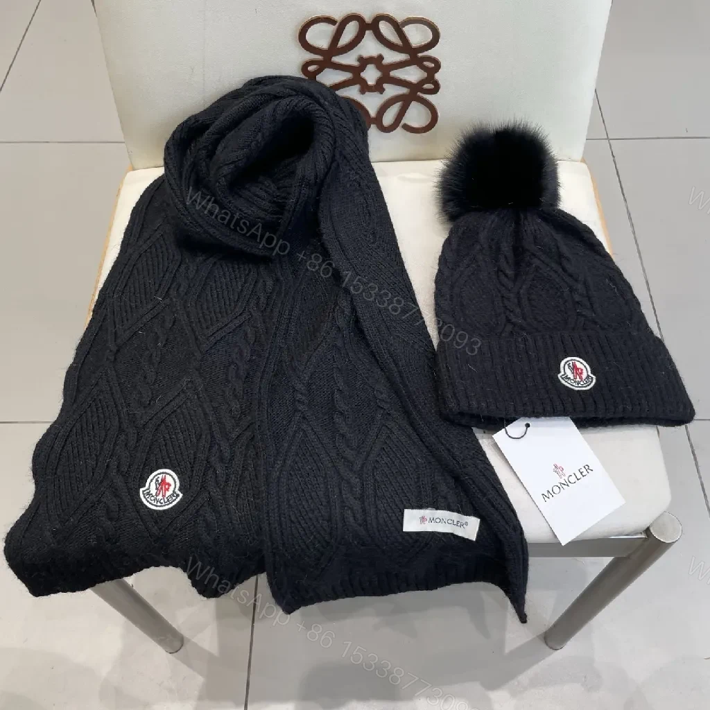 View 6 of Deep Black Knit Scarf & Beanie Set: Cable Knit, Cozy Warmth
