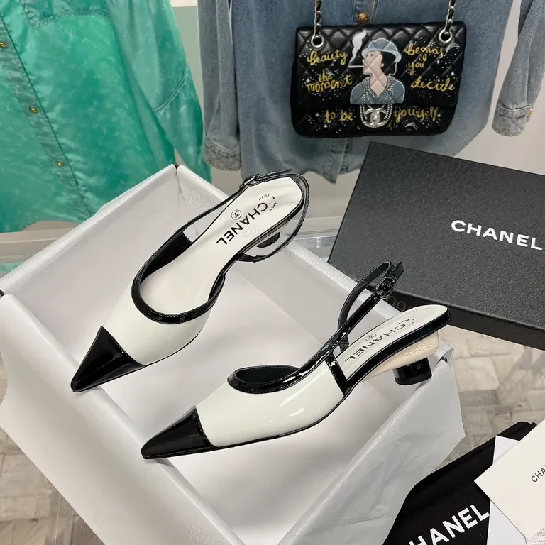 View 6 of Chanel-Inspired White & Black Slingback Heels â€“ Pointed Toe