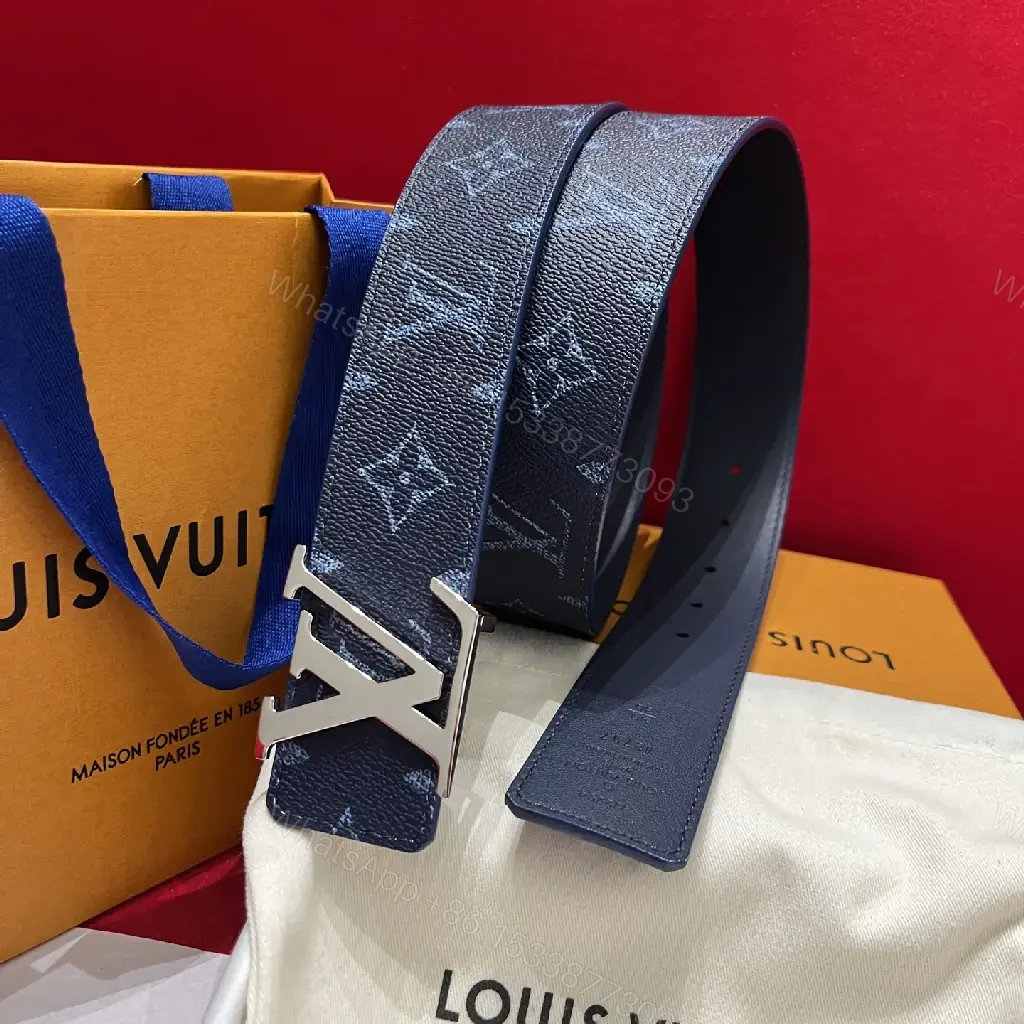 View 5 of Dark Blue/Black LV Patterned Canvas Belt with Bold Oversized Monogram Buckle