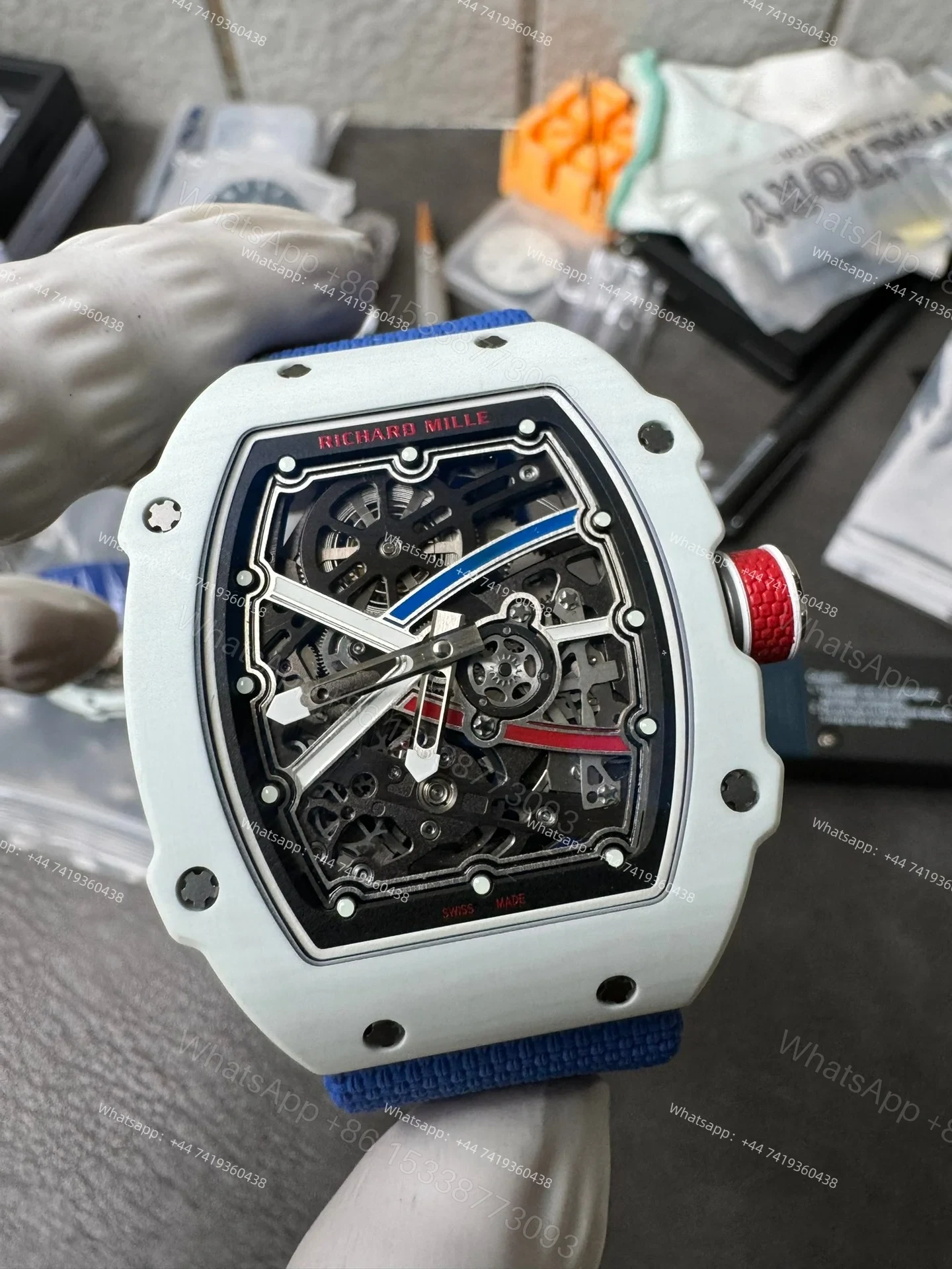 View 10 of Super Clone Richard Mille RM67-02 White Ceramic Skeleton Tourbillon 1:1 Replica Watch with Blue Strap