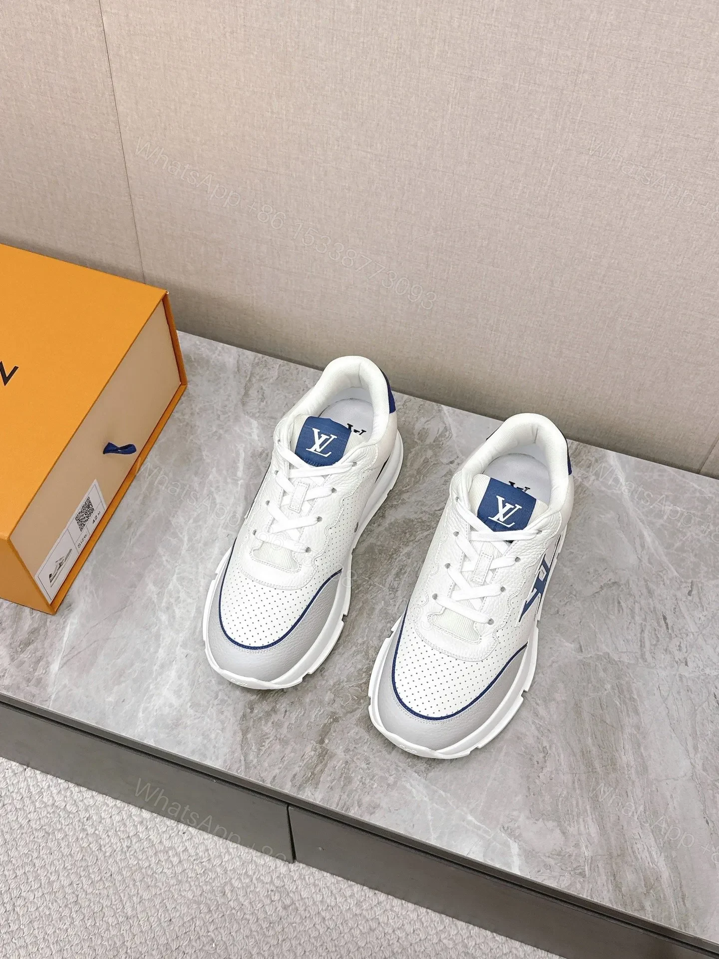 View 4 of LV Women White Leather Sneakers With Blue Accents