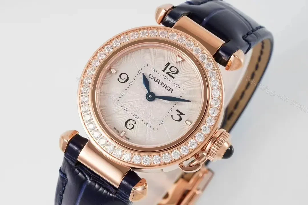 View 4 of GS Factory Cartier Pasha de Cartier Women’s Watch, 30mm Rose Gold Case with Diamond Bezel, Blue Leather Strap, Quick Change Feature