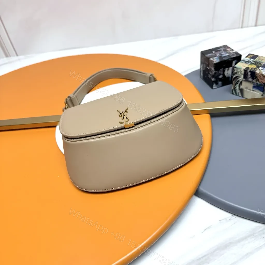 View 8 of Beige Leather-Style Shoulder Bag with Gold Hardware