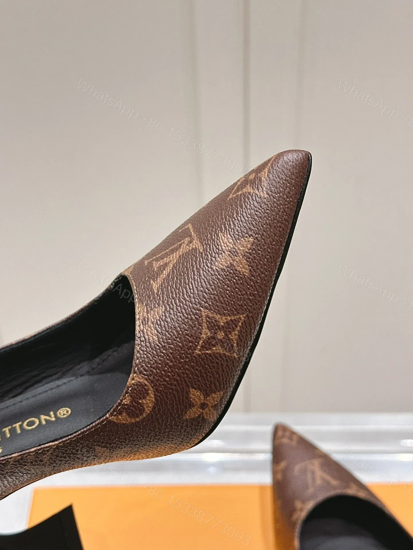 View 2 of LV Women Brown Leather Patterned Slingback Heels
