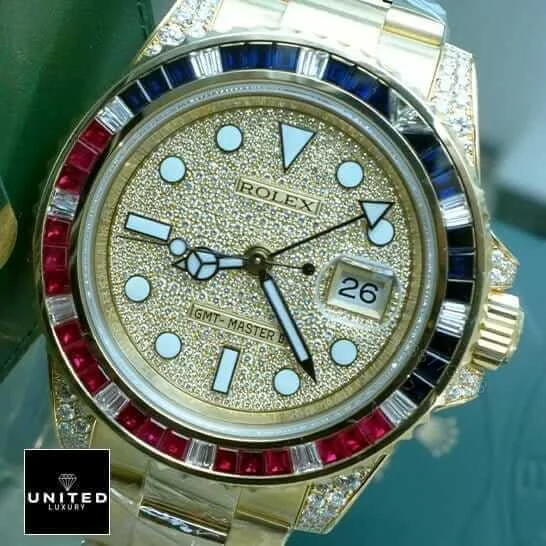 View 3 of Rolex GMT Master II 116758 SARU Yellow Gold Diamonds Dial Iced Out Replica