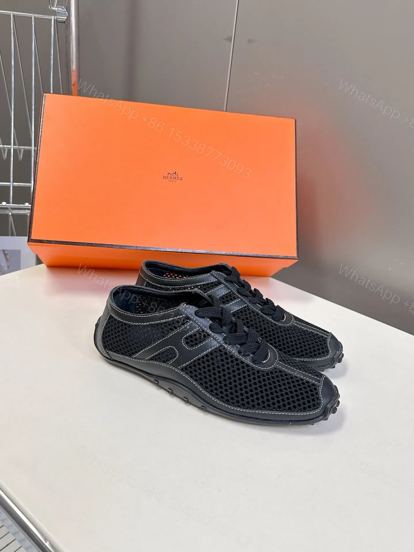 View 3 of Hermes Women Black Mesh Leather Sneakers