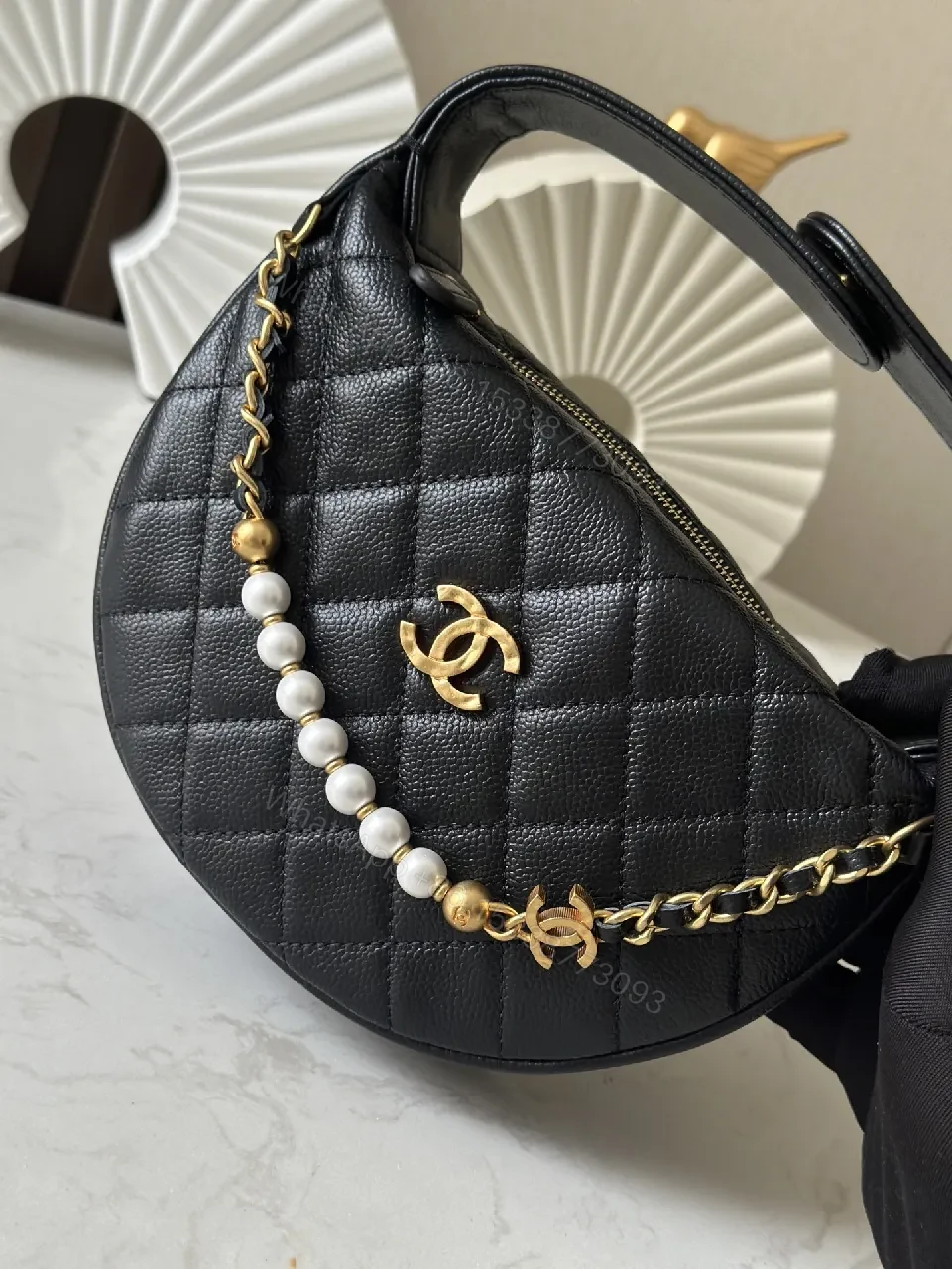 View 5 of Quilted Black Shoulder Bag with Pearl Chain Detail