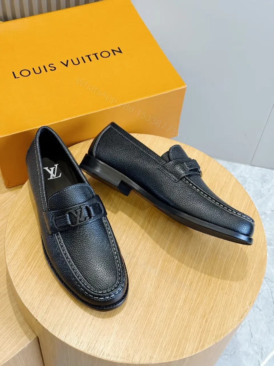 View 2 of Black Leather Loafers Louis-like Logo Comfort Slip-ons