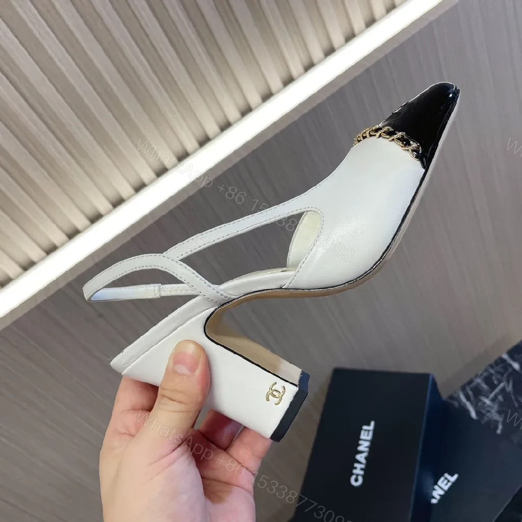View 4 of Textured Leather Sling-Back Pumps with Chain Detailing