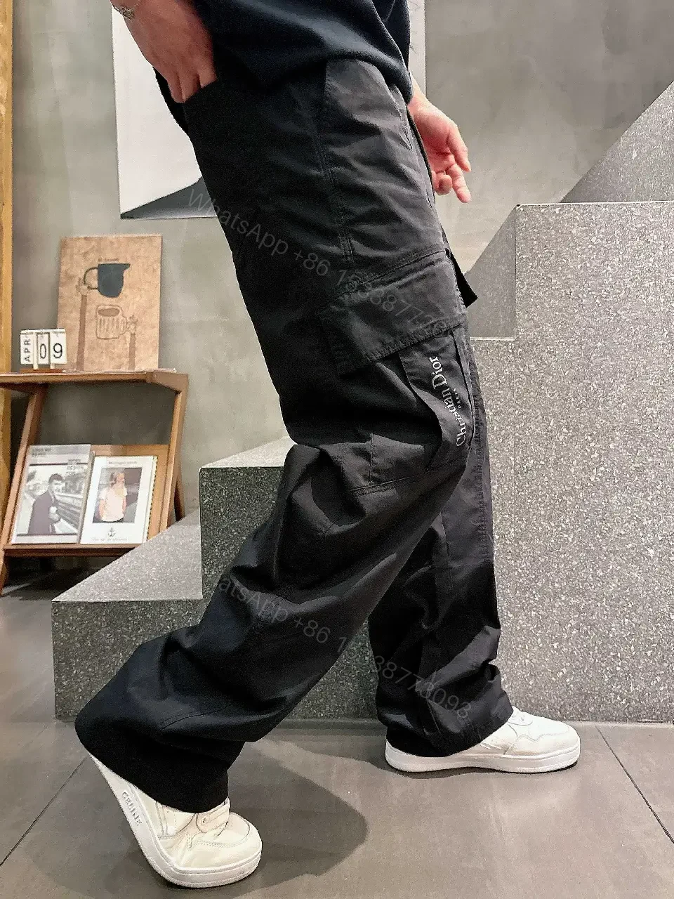 View 8 of Black Cargo Pants - Tactical, Smooth Fabric, Dior Logo Pocket, Relaxed Fit