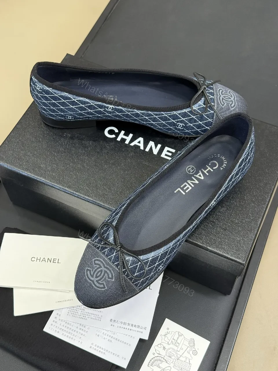 View 9 of Denim-Textured Ballet Flats with Monogram Detailing
