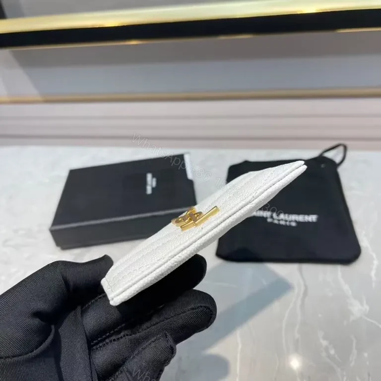 View 2 of White Textured Cardholder with Gold YSL Logo