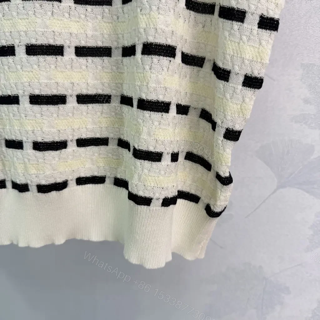 View 3 of White Knit Top Textured Striped Chanel Logo Short Sleeve Top