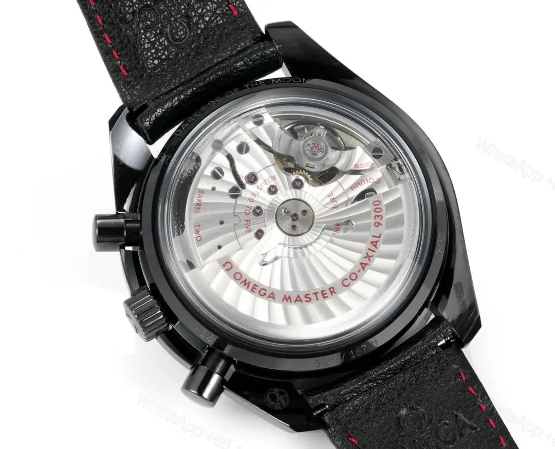 View 6 of Omega Dark Side of the Moon Series Full Ceramic Black Chronograph Watch with Black Leather Strap