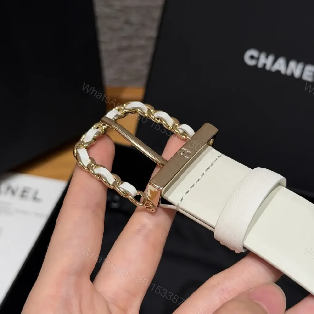 View 8 of White Leather Belt Gold Chain Buckle Modern Chic Chanel Logo Tag Belt