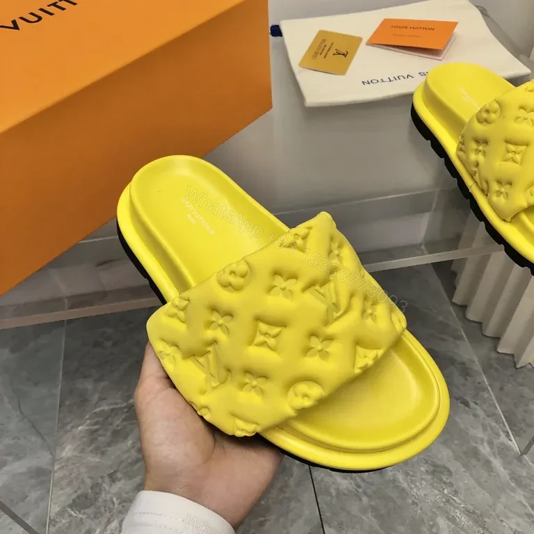 View 2 of Neon LV-Inspired Slides: Luxe Monogram Comfort Sandals