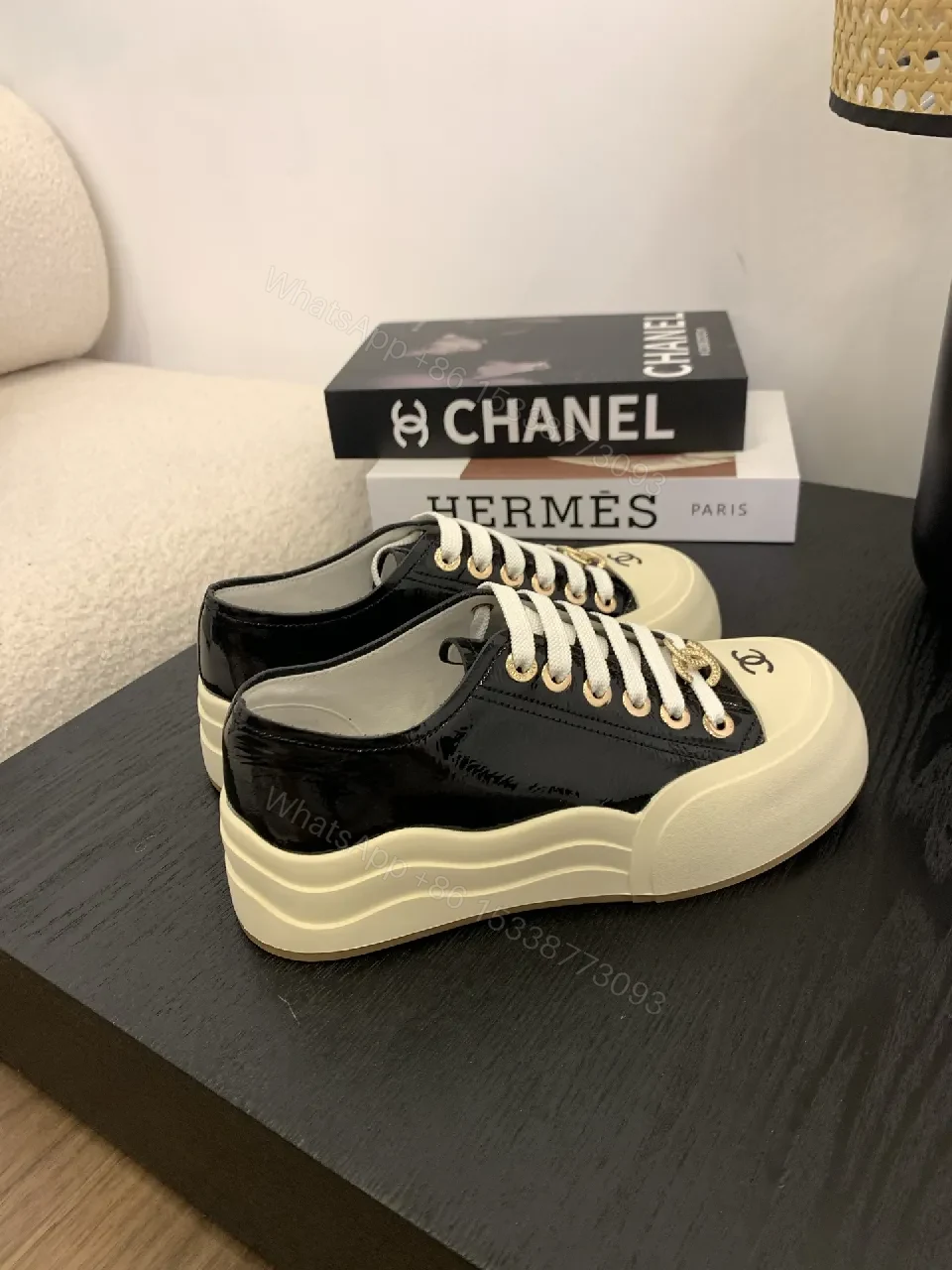 View 6 of Chic Patent-Accent Low-Top Sneakers with Luxe Hardware