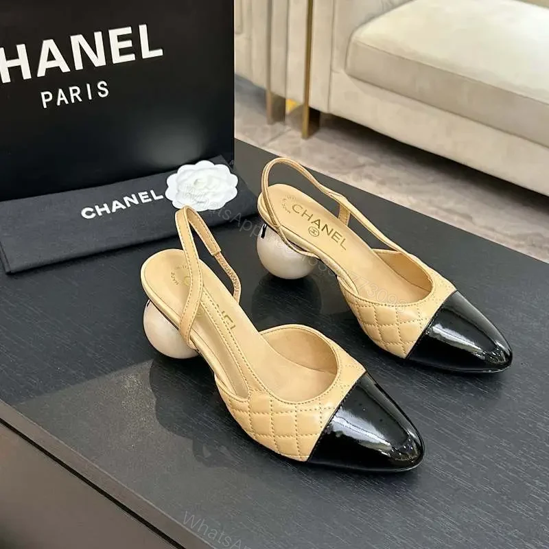Quilted Nude Slingback Pumps with Black Cap Toe and Spherical Heel — view 1