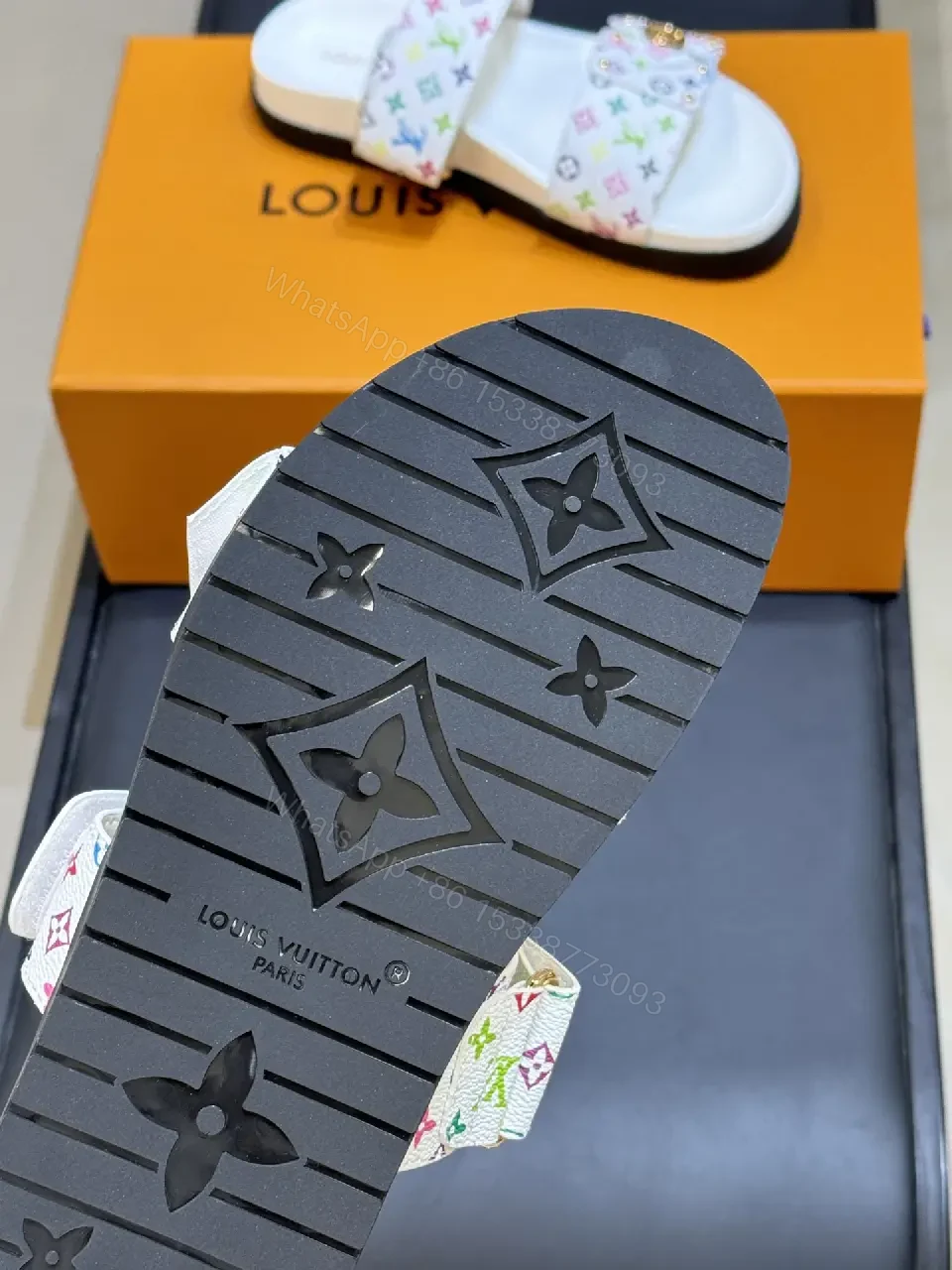 View 4 of White Multicolor LV Logo Sliders Comfort Footbed Sandals